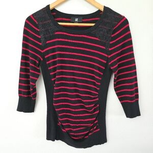 IZ Byer Sweater Striped Red & Black  Lace Shoulders Women’s Size M Goth *read*